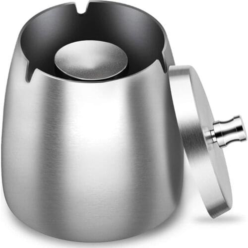 Ashtray Stainless Steel with Lid Heavy Ashtray Storm-Wind Non-Slip Base for Outside and Inside Silver