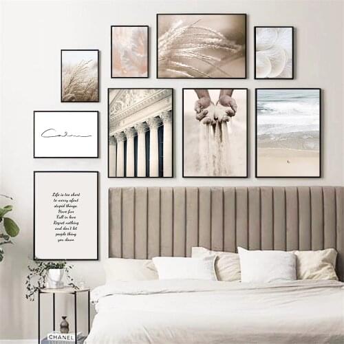 Landscape Sand Falling Canvas Painting Reeds Mushroom Calm Beach Poster Sand Hand Print Nordic Wall Pictures Living Room Decor