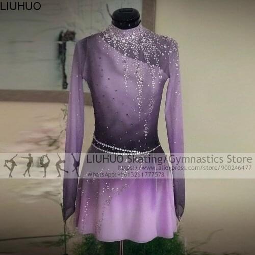 2021 New design Ice Skating Dress Girls Kids Purple Gradient Dance wear Sleeves Performance Figure Skating Skirt