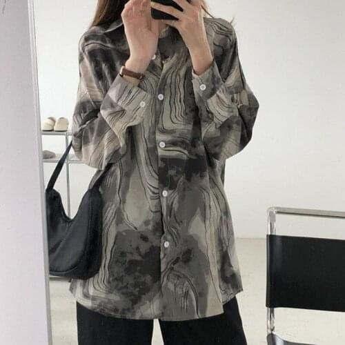 Hong Kong Style Shirt Womens Design Long Sleeve 2021 New Splash Ink Loose-Fitting Outerwear Top