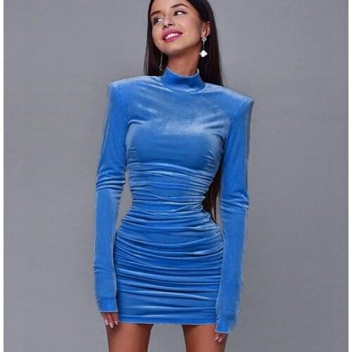 Sexy Bodycon Velvet Mini Dress Women Autumn Long Sleeve High Neck Party Dresses Female Velvet Sheath Dress Robes Vestido