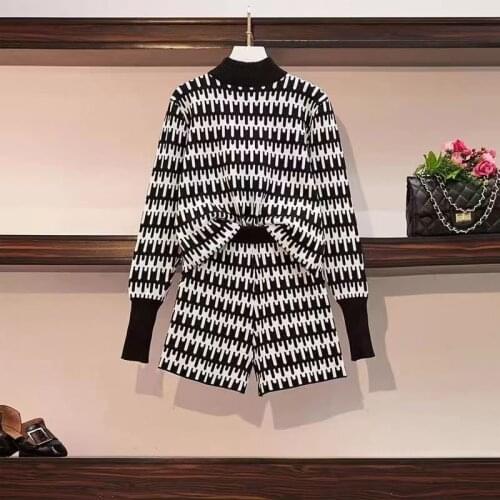 Turtleneck Sweater Printted Two piece sets Womans casual loose Long sleeve pullover+short pants Outfits 2021 Knitted Tracksuit