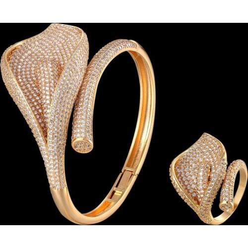 Zlxgirl jewelry three plated color rose flower bangle with ring of wedding jewelry sets perfect full mirco paved zircon bracelet