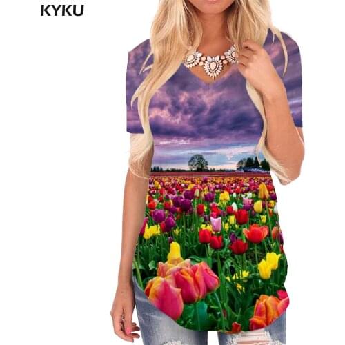 KYKU Flowers T Shirt Women Cloud Funny T shirts Colorful V-neck Tshirt Romantic Shirt Print Womens Clothing Punk Rock Loose