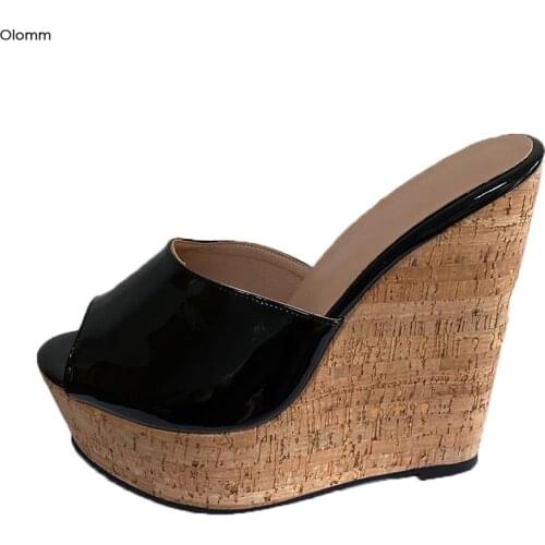 Olomm 2020 Handmade Women Platform Mules Sandals Shiny Wedges High Heels Open Toe Gorgeous Black Party Shoes Women US Size 5-20