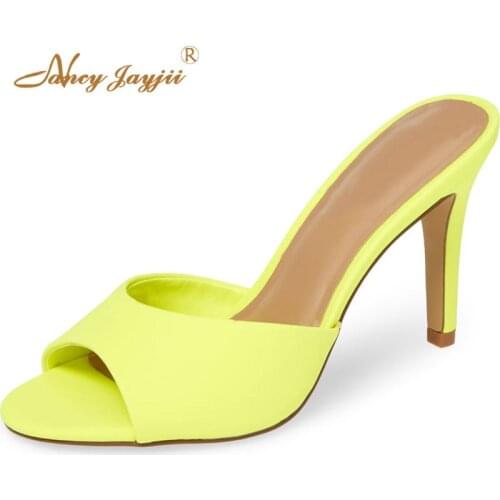 Summer Neon Green High Thin Heels Sandals Woman Large Size 14 15 Solid Soft Leather For Ladies Shoes Concise Fashion Casual 2019