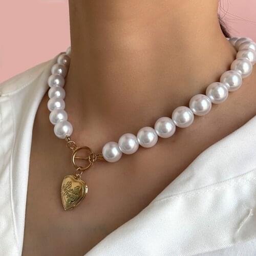 2021 Gold Color Heart Can Open Pendant Necklace Bracelet Set For Women Elegant Imitation Pearl Necklace Wedding Jewelry Set Gift