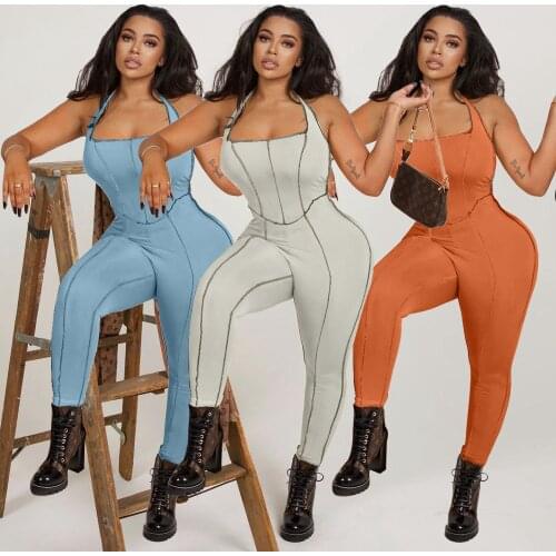 Sexy Halter Solid Striped Jumpsuit Women Fashion Streetwear Sleeveless Pencil Pants Slim Sports wear Fitness Rompers Overalls