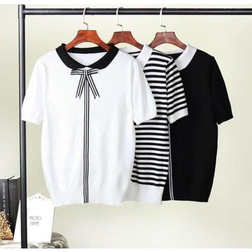 Gkfnmt Summer Knitted Pullover Doll Collar Women Clothes 2021 Short Sleeve Tops Striped Sweater Casual wholesale good quality