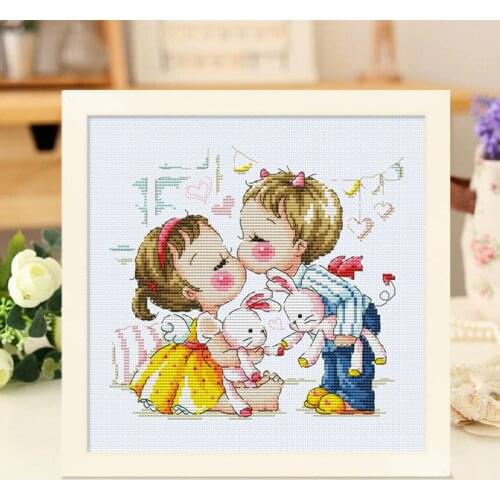 Gold Collection Counted Cross Stitch Kit The Story of Beautiful Night Little Girl and Boy Goodnight Kiss Pure Love Lover SO