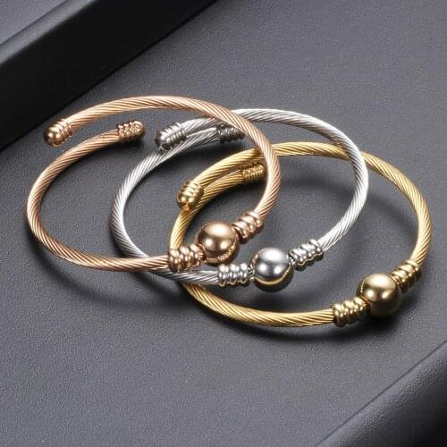 10pcs/Lot Stainless Steel Cable Mesh Bangle With Bead Bracelets & Bangles Gold Color For Women Fashion Jewelry Gift 55mm