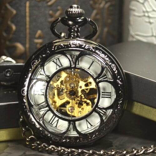 TIEDAN Steampunk Pocket Watch Black White Luxury Brand Antique Fashion Skeleton Watches Hand Wind Mechanical Pocket Watch
