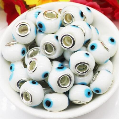 10Pcs White Evil Eye Color Lampwork Glass European Spacer Beads Big Hole Fit European Pandora Bracelet Bangle Necklace Jewelry