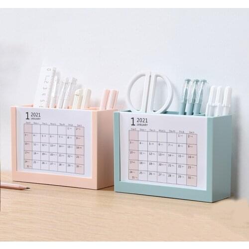 Calendar 2021 Creative Desk Calendar Pen Holder Desktop Organizer Stationery Storage Business Office Desk Decoration