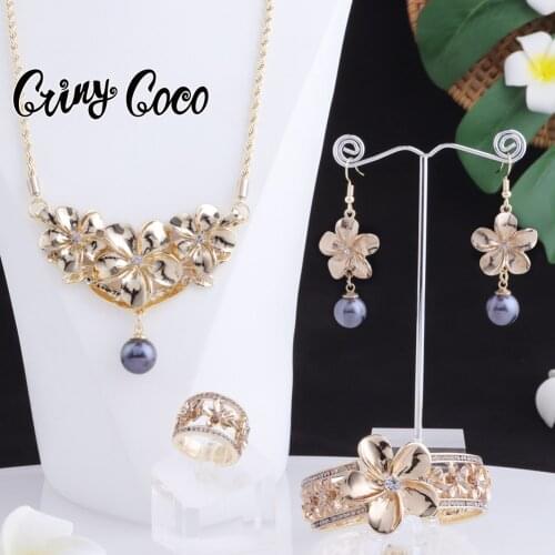 Hawaiian Flowers Jewelry Set Polynesian Gold Chian Pearl Necklace Adjustable Bracelet RinEarrings Wholesale for Women Girl Gift