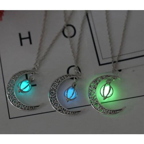 Moon Glowing Necklace Gem Charm Jewelry Women Halloween Pendant Hollow Luminous Stone Pendant Necklace Gifts
