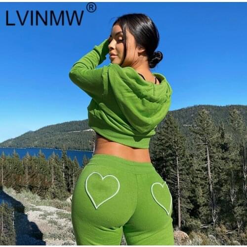 LVINMW Pants Sets Green Patchwork Stylish Slim Casual Autumn Suit Hooded Zipper Top Drawstring Love Embroidery High Waist Bottom