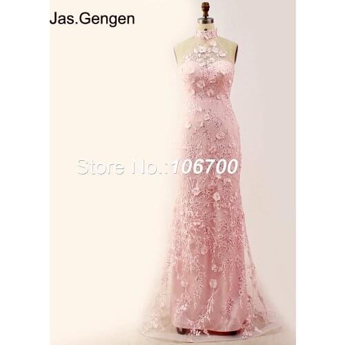 New 3D Embroidery Lace Prom Dresses High Neck Illusion Neckline Keyhold Back Crystal Stone Mermaid Evening Dresses 948