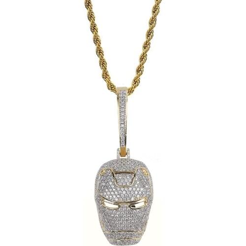 Hip Hop Micro Paved AAA+ Cubic Zirconia Iced Out Bling Cool Iron Man Helmet Pendants Necklace for Men Rapper Jewelry