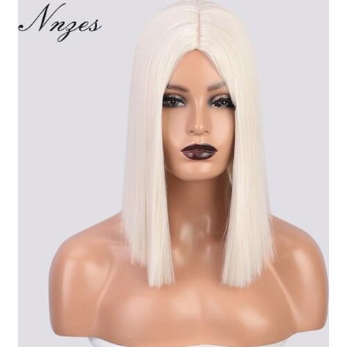 NNZES 14inches Synthetic Short Straight 60 color Wig Middle Part Pink Purple Black Color for Women Cosplay Wigs