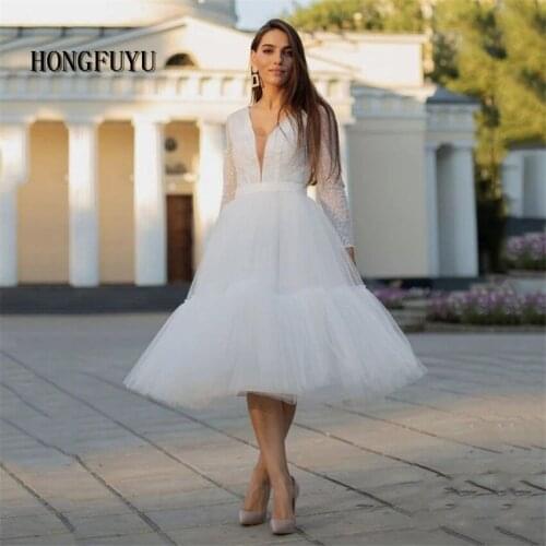 HongfuyuLong Sleeves Prom Dresses V-NeckTulle Princess Short Evening Gowns Women Party Dress Plus Size 2021