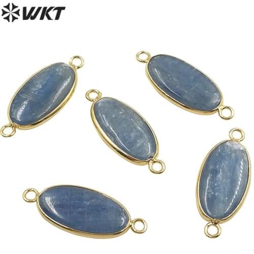 WT-P1517 WKT Natural Stone Pendant Oval Shape Blue Kyanite Pendant Gold Electroplated Double Loops Pendant Jewelry