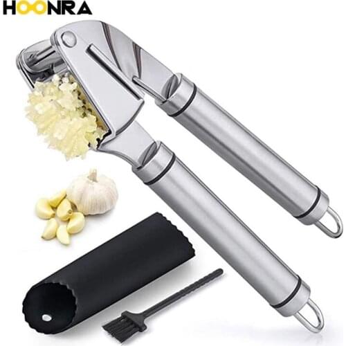 HOONRA 304 Stainless Steel Garlic Press Mincer Crusher With Silicone Roller Brush Peeler Easy Squeeze Rust Proof