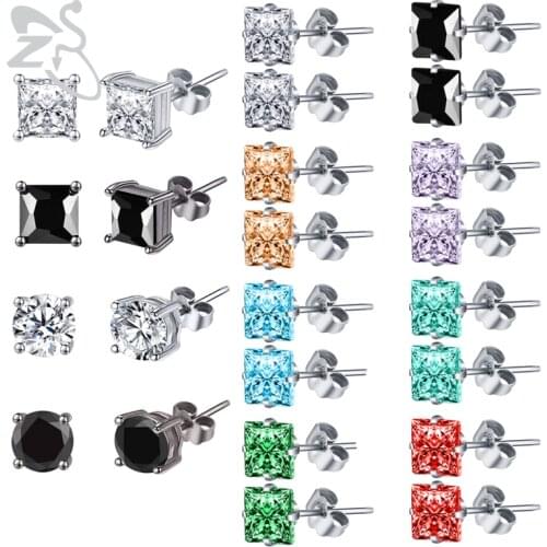 ZS 1pair 20g 316L Stainless Steel Stud Earrings For Women Men Square CZ Crystal Earrings 3-7MM Ear Tragus Conch Helix Piercing