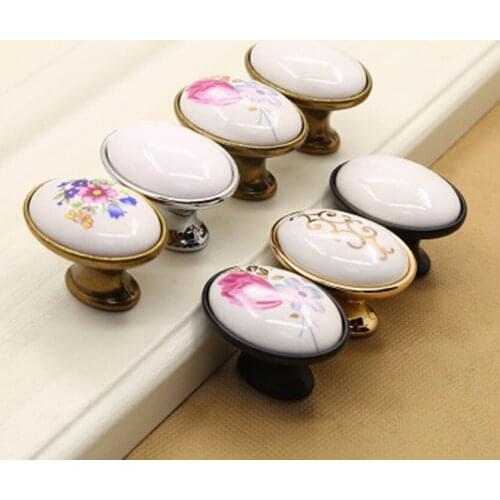 Modern simple black gold chrome oval ceramic cupboard dresser handle rural bronze drawer tv cabinet shoe cabinet knob pull