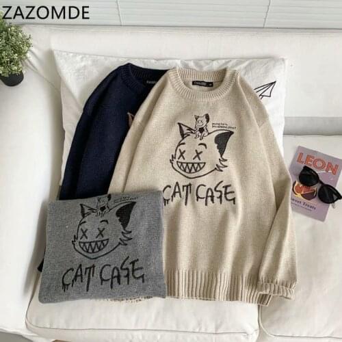 ZAZOMDE 2020 Autumn Men Sweaters Fashion Hip Hop Streetwear Funny Cat Men Sweaters Casual Men Clothing Pullover Loose Sweater
