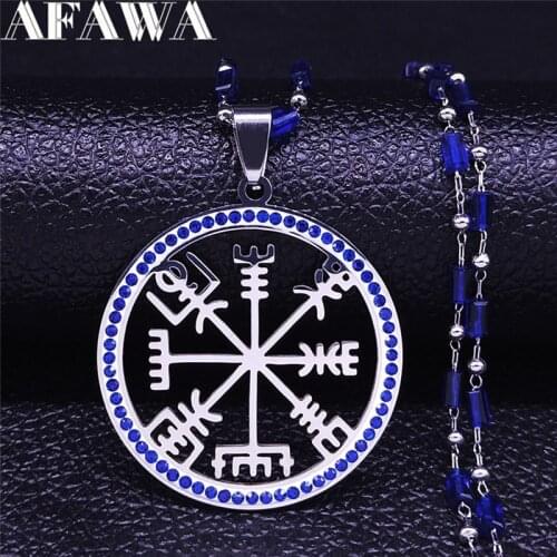 Viking Vegvisir Compass Stainless Steel Crystal Necklace Women/Men Nordic Runes Odin Necklace Celts Ethnic Jewelry N4831S01
