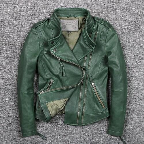 Genuine Women Real Sheepskin Motorcycle Leather Jacket Coat Casual Slim Green Autumn Winter jaqueta de couro
