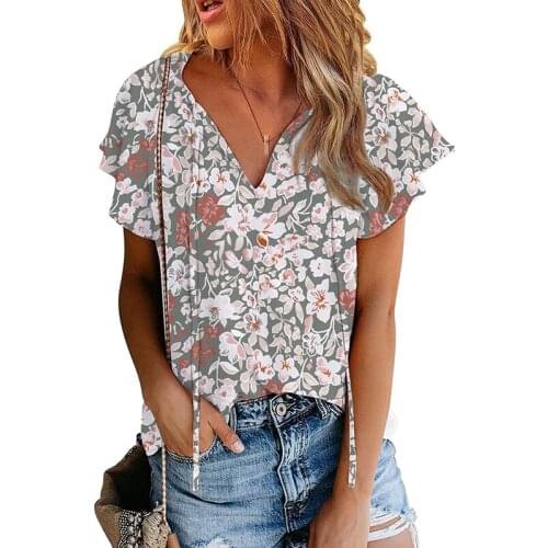 2021 Summer New Womens Loose Floral Print Ruffled Harajuku Shirt Lace Up All-match V-neck Short-sleeved T-shirt Women