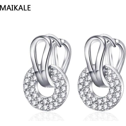 MAIKALE Super Shiny Fashion Earrings Brand Jewelry Silver Color Round Zircon Crystal Stud Earrings For Women Christmas Gifts