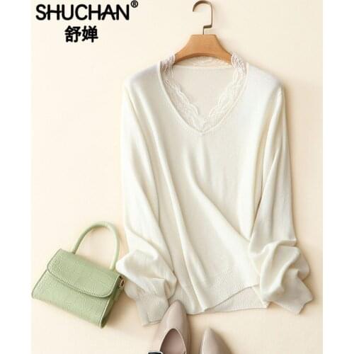 Shuchan Womens Cashmere Sweater V-Neck Patchwork Lace Solid Office Lady Sexy Women Sweaters and Pullovers High Quality