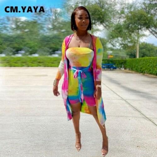 CM.YAYA Women Set Tie Dye Long Coats +strap Bandage Playsuits Two 2 Piece Sets Stretchy Fashion High Streetwear Autumn Outfits
