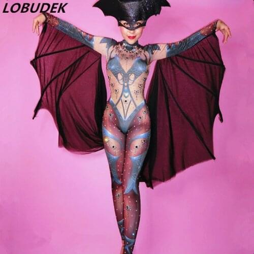 Women Sparkly Rhinestones Skinny Jumpsuit With Wing Nightclub Bar Singer Stage Outfit Halloween Role Playing Performance Costume