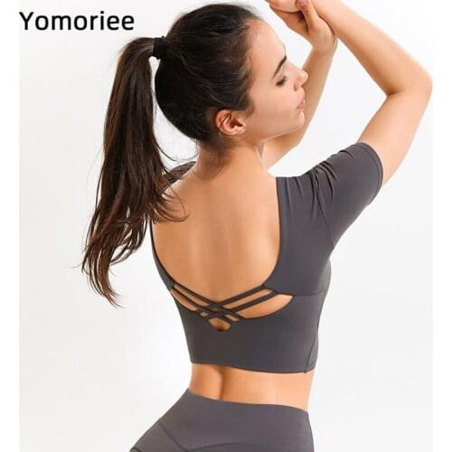 Yoga Dress Female Beauty Back Short-sleeved T-shirt Elastic Sports Fitness Push-up Cross Slim Fitness Active Blouse Tops Women