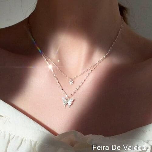 2021 New Trendy Double Layer Rhinestone Butterfly Chain Choker Necklace For Women Silver Color Simple Chain Necklaces Jewelry