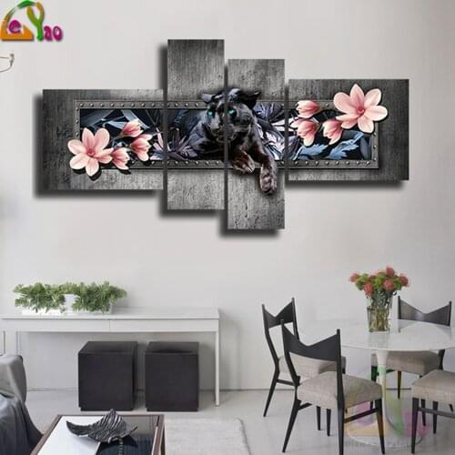 5D Diy Diamond Painting Full Square Drill Black Panther Pink Orchid Diamond Embroidery Animals Mosaic Multi- Pictures Gift 4 pcs