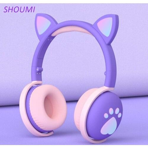 Shoumi Wireless Headphones Glowing LED Cat Ear Paw Christmas Girls Gift Kid Bluetooth Headset Stereo Bass 3.5 Headphone With Mic