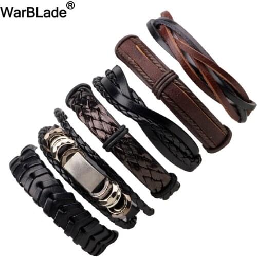 WarBLade 6pcs/set Punk Wrap Wristband Genuine Leather Bracelet Men Vintage Charm Multilayer Braided Bracelet Bangle Male Jewelry