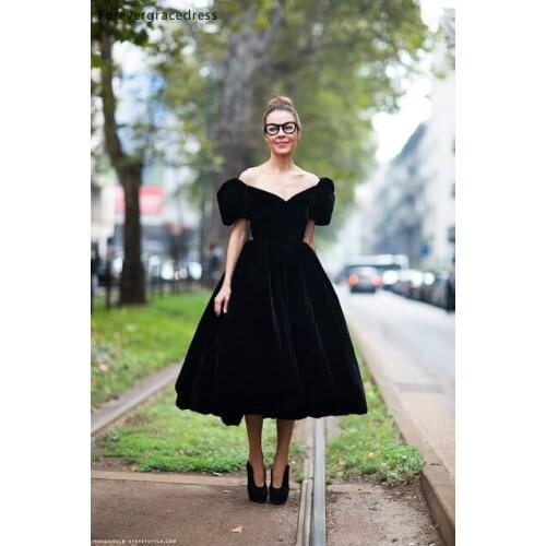 Black Velvet Short Evening Dress A Line Off Shoulder Celebrity Party Gown