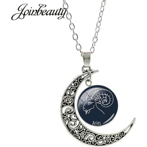 JOINBEAUTY Aries Cancer libra Moon Pendant Glass Cabochon Picture Necklace Twelve Horoscope Clavicle Chain Jewelry Handmade XZ01