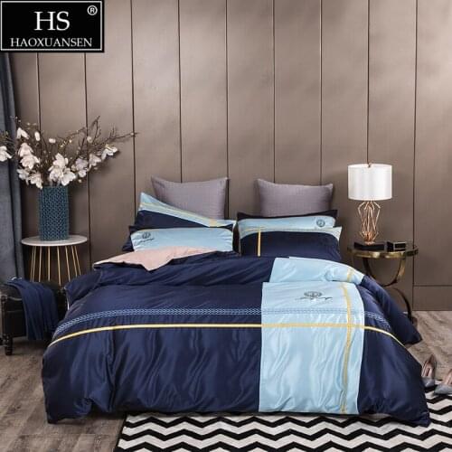 Business Style Bedding Sets Embroidery Sky Blue Plaid Stripes Design Duvet Cover Quilt Cover Bed linen Bedsheet/Fitted Sheet