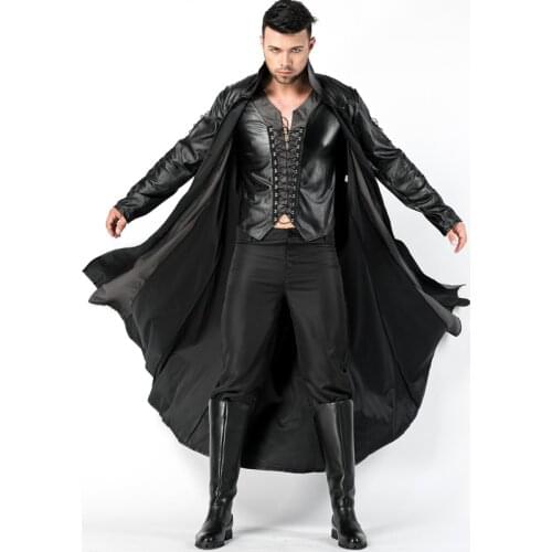 Halloween Costume for Men Cosplay Outfit Adult Dracula Vampire Costumes Black Faux Leather Mens Gothic Vampire Costumes Jacket