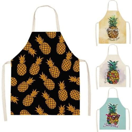 Kitchen Apron Pineapple Print Sleeveless Linen Aprons for Women Home Cooking Baking Cleaning Tools 66x47cm 47x38cm