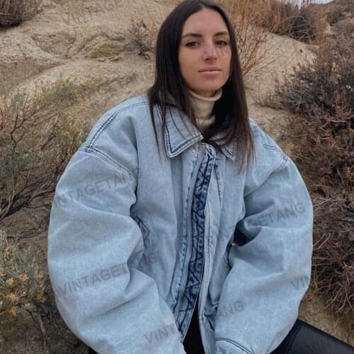 B-TOTO American Retro Washed Light Blue Denim Cotton Jacket Female Tide Ins Autumn And Winter Thickening 2021 New Fashion