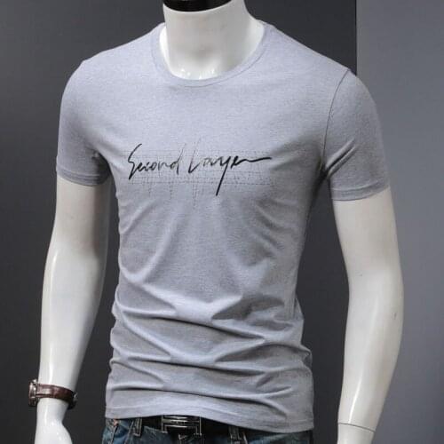 Fashion Letter Printed Gray T Shirt Men Slim Fit O-Neck Short Sleeve T-Shirts Mens Oversized Cotton Stretch Tshirt Size S-4XL