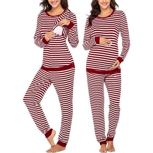 Fashion Women Two Piece Maternity Long Sleeve Striped Breastfeeding Nursing T-shirt Tops+Long Pants Pajamas Set Sleepwear#g4
